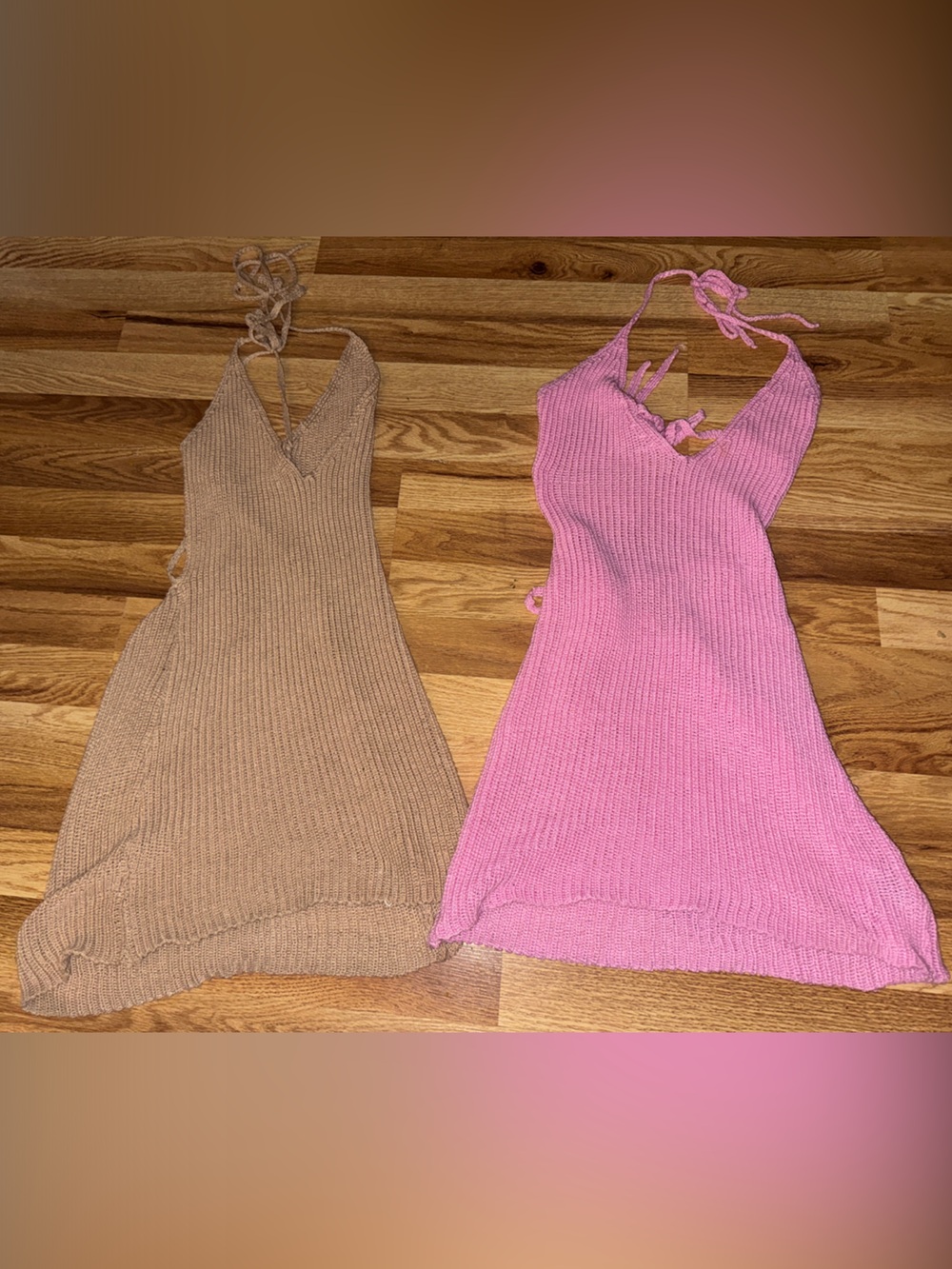 Set of Two Knit Halter Dresses - Pink & Beige size small used